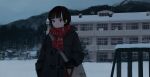  1girl black_coat black_gloves black_hair blue_eyes blue_sky car coat expressionless gloves highres motor_vehicle mountain original orval red_scarf scarf short_hair sky snow solo winter winter_clothes winter_coat 
