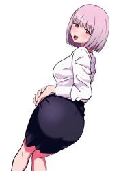  1girl ass ass_focus bent_over blush breasts collared_shirt commentary_request dai200156 formal_clothes from_behind gridman_universe hand_on_own_hip highres large_breasts long_sleeves looking_at_viewer narrowed_eyes office_lady open_mouth pencil_skirt pink_hair purple_hair red_eyes shinjou_akane shirt shirt_tucked_in short_hair skirt smile solo ssss.gridman taut_clothes taut_skirt white_shirt 