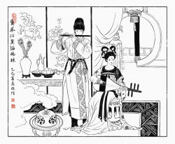  1boy 1girl candle chinese_clothes chinese_commentary chinese_text closed_eyes commentary_request cup curtains feixianji_(hairstyle) flower flute food fruit futou greyscale hair_ornament hair_rings hanfu holding holding_instrument huadian incense_burner indoors instrument lantern lizhi_xiaochaorou long_sleeves monochrome music original peach pipa_(instrument) playing_instrument qixiong_ruqun robe standing teacup teapot vase wide_sleeves yaopei yuanlingpao 