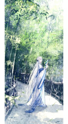  1boy bamboo bamboo_forest blue_shawl border cael_anselm chinese_clothes chinese_commentary closed_mouth commentary_request day folding_fan forest from_side full_body hair_between_eyes hair_ornament hand_fan hand_up hanfu highres holding holding_fan long_hair long_sleeves looking_ahead lovebrush_chronicles luki_9713 male_focus nature path pillarboxed profile railing robe see-through_clothes see-through_shawl shawl solo standing very_long_hair violet_eyes watermark weibo_watermark white_border white_hair white_hanfu white_robe wide_sleeves 