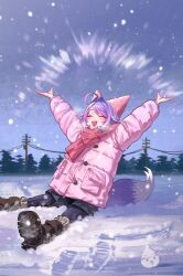  1girl :d ^_^ ahoge arms_up black_leggings black_shorts blurry blurry_background blush boots breath brown_boots bun_cover choigoli closed_eyes coat commentary_request depth_of_field double_bun fang foot_out_of_frame fox_girl fox_tail grey_sky hair_bun hair_ears happy highres inari_(tenko_shibuki) korean_commentary leggings night on_ground open_mouth outdoors outstretched_arms pink_coat pink_scarf power_lines scarf shorts sitting sky smile snow snowing solo spread_arms stellive tail tenko_shibuki utility_pole virtual_youtuber winter winter_clothes winter_coat 