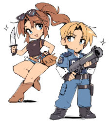  1boy 1girl almightychiru black_boots black_gloves black_shirt blonde_hair blue_eyes blue_pants blue_shirt boots brown_boots chibi chibi_only claire_redfield closed_mouth collared_shirt denim denim_shorts eyewear_on_head fingerless_gloves fringe_trim gloves gun hand_on_own_hip highres holding holding_gun holding_knife holding_weapon knife leon_s._kennedy long_hair midriff open_mouth pants parted_bangs police police_uniform ponytail resident_evil resident_evil_2 shirt shirt_under_shirt short_hair short_shorts shorts sidelocks smile sparkle standing sunglasses weapon white_background white_shirt 