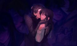  1000xresist 2girls allmother_(1000xresist) black_bodysuit black_gloves black_hair black_vest bodysuit closed_eyes commentary dead_finch english_commentary glasses gloves highres jiao_(1000xresist) kiss kissing_cheek long_hair making-of_available multiple_girls rimless_eyewear school_uniform short_hair time_paradox vest yuri 