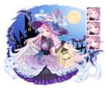  1girl alternate_costume angel_wings animal bat_(animal) blue_archive dress feathered_wings full_moon hair_bun halo hat highres layered_sleeves long_hair melonpan_(mimichi03) mika_(blue_archive) moon multiple_views pink_hair pink_halo purple_headwear single_side_bun white_dress white_wings wings witch_hat yellow_eyes 