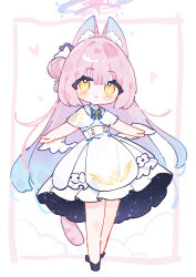  1girl absurdres animal_ears black_shoes blue_archive blue_hair capelet cat_ears cat_girl commentary_request dress feathered_wings full_body hair_bun halo highres kemonomimi_mode long_hair looking_at_viewer low_wings mika_(blue_archive) multicolored_hair pantyhose pink_hair reiami shoes simple_background solo standing very_long_hair white_background white_capelet white_dress white_pantyhose wing_ornament wings yellow_eyes 