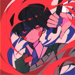  1other black_hair chara_(undertale) chromatic_aberration circle_facial_mark closed_mouth collared_shirt commentary english_commentary facial_mark glowing glowing_eye green_sweater hair_behind_ear heart highres holding holding_knife knife looking_at_viewer other_focus partially_shaded_face pink_background red_eyes reverse_grip shirt short_hair simple_background solo sweater takenaka_(takenaka1111) twitter_username undertale upper_body utdr_(toby_fox) white_shirt 