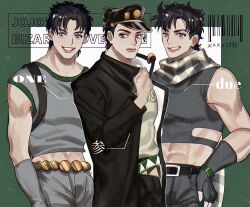  3boys barcode battle_tendency black_hair commentary copyright_name fingerless_gloves gakuran gloves hat highres jojo_no_kimyou_na_bouken jonathan_joestar joseph_joestar joseph_joestar_(young) kujo_jotaro masakenme multiple_boys phantom_blood scarf school_uniform short_hair stardust_crusaders striped_clothes striped_scarf 