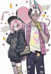  1boy 1girl absurdres alternate_costume animification aqua_eyes asymmetrical_horns backpack bag bead_charm belt belt_charm black_bag black_hair black_hoodie black_shorts blue_pants blush brown_belt character_charm character_print charm_(object) chinese_commentary chinese_text colored_bangs colored_sclera commentary_request couple cowboy_shot dark-skinned_male dark_skin denim discord_(my_little_pony) facial_hair fang flannel flat_chest fluttershy glasses gloves goatee hair_ornament hairclip hand_in_pocket hand_up haohewulongchahaochihudiesu heart height_difference hetero highres hood hood_down hoodie horns interracial itabag jeans long_hair looking_at_another looking_at_viewer mismatched_horns multicolored_hair my_little_pony my_little_pony:_friendship_is_magic open_clothes open_shirt oshi-katsu otaku otaple pants parallel_hairclips personification pink_hair pink_shirt pointy_ears red_eyes shirt short_hair short_sleeves shorts simple_background single_thighhigh slit_pupils sparkle standing striped_clothes striped_thighhighs thigh-highs torn_clothes torn_pants translation_request two-tone_hair very_long_hair watermark white_background white_hair white_shirt yellow_gloves yellow_sclera 