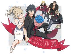  1girl 4boys anniversary arm_ribbon arm_tattoo black_boots black_hair black_jacket black_pants black_ribbon black_shirt black_vest blonde_hair blue_eyes blue_flower blue_petals boots border bottle bouquet braid breasts closed_eyes closed_mouth commentary_request crossed_legs crown_braid dress falling_petals final_fantasy final_fantasy_xv fingerless_gloves flower from_above full_body gladiolus_amicitia glasses gloves grey_background grey_gloves grin hair_between_eyes hand_on_another's_back holding holding_bottle holding_bouquet ignis_scientia jacket jewelry light_blush long_hair lunafreya_nox_fleuret medium_breasts mishio multiple_boys necklace noctis_lucis_caelum open_clothes open_jacket open_mouth pants petals ponytail prompto_argentum red_ribbon ribbon ring sandals scar scar_across_eye scar_on_face shirt short_hair short_sleeves sleeveless sleeveless_dress smile spiky_hair suit_jacket tattoo teeth vest white_border white_dress white_sandals 