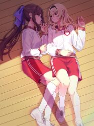  2girls absurdres alternate_hairstyle black_hairband blonde_hair bow brown_hair closed_mouth eye_contact foot_out_of_frame gym_shorts gym_uniform hair_between_eyes hair_bow hairband hand_on_own_stomach hand_up hashtag-only_commentary highres indoors jacket knee_up kneehighs long_hair long_sleeves looking_at_another looking_to_the_side lying multiple_girls on_back on_floor on_side pink_eyes ponytail profile purple_bow raven_(rnzraven) red_shorts saijou_claudine shade shoes shorts shoujo_kageki_revue_starlight sidelocks socks striped_clothes striped_shorts tendou_maya track_jacket very_long_hair violet_eyes wavy_hair white_jacket white_shoes white_socks wooden_floor yuri zipper_pull_tab 