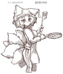  1girl animal_hat apron closed_mouth commentary egg_(food) food fox_tail frying_pan greyscale hat highres holding holding_frying_pan holding_spatula kitsune korean_commentary korean_text long_sleeves looking_at_viewer mob_cap monochrome multiple_tails rampa93 short_hair solo spatula tail touhou translation_request yakumo_ran 