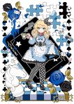  1girl asymmetrical_legwear blonde_hair blue_dress blue_eyes card chess_piece cup dress elina_(e2n04n) flower frills hair_ornament highres holding holding_cup mismatched_legwear original ribbon rose solo teacup thigh-highs 