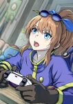  1girl absurdres black_gloves blue_eyes brown_hair controller eyewear_on_head feet full_body game_controller gloves highres long_hair nemimin open_mouth pantyhose playstation_controller ponytail precis_neumann robot solo star_ocean star_ocean_the_second_story 