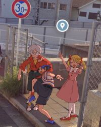  1girl 2boys :d ana_(mother) backwards_hat black_shorts blonde_hair blue_shoes blue_shorts bow commentary double_v dress glasses hair_bow hat high_school_girls_posing_for_google_street_view_(meme) highres jacket lloyd_(mother) meme mother_(series) mother_1 multiple_boys ninten photo-referenced pink_dress posing puffy_short_sleeves puffy_sleeves real_world_location red_hat red_jacket red_scarf red_shoes red_socks scarf shirt shoes short_hair short_sleeves shorts smile socks twintails user_zpnu2438 v white_hair white_socks yellow_shirt yellow_socks 