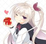  1girl ;q ahoge akizuki_kanna apple bitten_apple black_cape black_ribbon blush cafe_stella_to_shinigami_no_chou cape closed_mouth commentary crossed_bangs eyes_visible_through_hair food food_bite food_on_face fruit hair_between_eyes hand_up head_tilt heart holding holding_food holding_fruit jacket jitome long_hair long_sleeves looking_at_viewer neck_ribbon one_eye_closed red_ribbon ribbon side_ponytail simple_background smile solo tatsuya_(trypaint) tongue tongue_out upper_body very_long_hair violet_eyes white_background white_hair white_jacket 