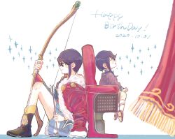  2girls :d age_comparison aged_down ankle_boots arrow_(projectile) bad_id bad_twitter_id bell black-framed_eyewear blue_jacket blue_skirt blush boots bow_(weapon) brown_boots brown_shoes clenched_hand closed_mouth collared_shirt commentary_request curtains dated double_horizontal_stripe english_text epaulettes fingernails flipped_bangs from_side fur-trimmed_jacket fur_trim gem glasses green_eyes green_gem hair_bell hair_ornament hand_up happy_birthday highres holding holding_arrow holding_bow_(weapon) holding_weapon hoshimi_junna jacket jacket_on_shoulders kneehighs knees_up light_smile long_hair long_sleeves looking_ahead looking_at_viewer looking_to_the_side looking_up low_side_ponytail miniskirt multiple_girls on_floor open_mouth pleated_skirt profile purple_hair purple_sweater red_jacket shirt shoes shoujo_kageki_revue_starlight sidelocks sideways_glance single_horizontal_stripe sitting skirt smile socks sparkle stage_curtains star_(symbol) striped_clothes striped_skirt striped_socks sweater tachibana_(wakasaji) tassel theater_seating v_arms weapon white_background white_shirt white_socks yellow_trim 