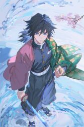  1boy belt black_hair blue_eyes closed_mouth corrupted_twitter_file demon_slayer_uniform from_above full_body gold_buttons hair_between_eyes hand_on_sheath haori harenzero highres holding holding_sword holding_weapon japanese_clothes katana kimetsu_no_yaiba long_hair long_sleeves looking_at_viewer low_ponytail male_focus pants ponytail print_haori sandals solo spiky_hair standing standing_on_liquid swept_bangs sword sword_writing tomioka_giyuu water watermark weapon white_belt 