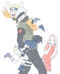  1girl 3boys anger_vein black_gloves black_hair black_headband black_mask black_pants black_shirt blonde_hair blue_hairband blue_headband blue_shirt blue_shoes child clenched_hand closed_eyes commentary_request cowboy_shot dress facial_mark flak_jacket flying_sweatdrops furrowed_brow gloves grey_hair hairband hand_to_own_mouth haruno_sakura hatake_kakashi headband highres jacket konohagakure_shinobi_uniform konohagakure_symbol korean_commentary long_hair mask mouth_mask multiple_boys nagsu_(narksuhaza) naruto_(classic) naruto_(series) open-toe_shoes orange_jacket pants parted_bangs pink_hair red_dress shirt shoes shorts spiky_hair uchiha_sasuke uzumaki_naruto walking whisker_markings white_background white_shorts 