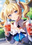  1girl :o artist_name barbara_(genshin_impact) blonde_hair blue_eyes cup day drinking_straw genshin_impact highres holding holding_cup long_hair long_sleeves looking_at_viewer open_mouth outdoors shinishi_chiho solo sparkle twintails upper_body 