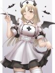  1girl alternate_costume apron bat_(animal) bat_wings black_dress black_horns black_nails blonde_hair buttons collarbone demon_horns demon_wings detached_collar dress frills gradient_background grey_background hand_up hat highres holding holding_syringe horns long_hair looking_at_viewer nijisanji nurse nurse_cap one_eye_closed oyu_(b_47p) puffy_short_sleeves puffy_sleeves short_sleeves sister_cleaire smile solo syringe thigh-highs two-tone_dress underbust virtual_youtuber white_apron white_thighhighs wings yellow_eyes zettai_ryouiki 