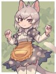  1girl ananna0031 animal_ears apron blush bow bowtie eastern_quoll_(kemono_friends) extra_ears frilled_apron frills grey_bow grey_bowtie grey_hair grey_jacket grey_skirt hair_between_eyes high-waist_skirt highres jacket kemono_friends long_sleeves multicolored_hair open_clothes open_jacket polka_dot polka_dot_bowtie polka_dot_jacket polka_dot_skirt shirt short_hair short_sleeves sidelocks skirt smile solo tail thigh-highs white_hair white_shirt white_thighhighs yellow_apron yellow_eyes zettai_ryouiki 