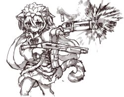  1girl animal_print bow bowtie commentary dual_wielding firing greyscale gun hagoromo highres holding holding_gun holding_weapon korean_commentary long_sleeves medium_hair monochrome multicolored_hair rampa93 shawl shell_casing shotgun solo streaked_hair tail tiger_print tiger_tail toramaru_shou touhou weapon wide_sleeves 