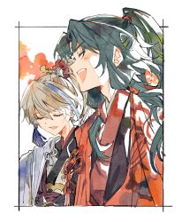  2boys archer_(fate/samurai_remnant) black_hanfu blonde_hair chinese_clothes chinese_hairpin closed_eyes fate/samurai_remnant fate_(series) green_hair grey_hair hair_ornament half_updo hanfu high_ponytail highres low-tied_sidelocks multicolored_hair multiple_boys open_mouth ponytail red_hanfu red_robe robe sidelocks smile streaked_hair tassel tassel_hair_ornament toramaru_(696anna) two-tone_hanfu white_hanfu xiao_guan_(headdress) zheng_chenggong_(fate) 