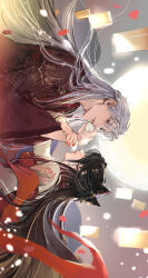  1boy 1girl absurdres bishounen black_hair bracelet breasts chinese_clothes chinese_commentary chinese_hairstyle choko_(cup) commentary_request couple cup dress earrings feeding hair_horns hand_up hanfu hetero highres jewelry lips liubai_615 locked_arms long_hair looking_at_another love_and_deepspace medium_breasts moon multicolored_dress mutual_feeding orange_nails profile protagonist_(love_and_deepspace) qixiong_ruqun red_dress red_eyes red_hanfu sideways sylus_(love_and_deepspace) upper_body very_long_hair white_dress white_hair wide_sleeves 