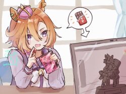  animal_ears candy chocolate_statue commentary_request computer crossed_legs crown dated earrings faceless food hair_between_eyes highres holding holding_candy holding_food horse_ears horse_girl horseshoe_ornament indoors jewelry kurauchi_naya laptop long_sleeves looking_at_viewer mini_crown official_alternate_costume orange_hair pink_crown purple_sailor_collar sailor_collar school_uniform signature sitting_on_throne speech_bubble t.m._opera_o_(o_sole_suo!)_(umamusume) t.m._opera_o_(umamusume) throne tracen_school_uniform umamusume violet_eyes winter_uniform 
