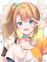  1girl alternate_costume alternate_hairstyle artist_name blue_choker blue_eyes border breast_tattoo breasts brown_hair choker commentary_request eunie_(xenoblade) feathered_wings hair_ornament head_wings highres large_breasts looking_at_viewer medium_hair multicolored_nails open_mouth outside_border signature smile solo tattoo ui_frara v v_over_eye white_border white_wings wings xenoblade_chronicles_(series) xenoblade_chronicles_3 yellow_background 