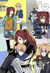  1boy 1girl ? ?? apron beizhi black_thighhighs blonde_hair blue_eyes blue_hoodie checkered_clothes checkered_shirt commandant_(pgr) computer cooking dog_tags green_sweater hair_between_eyes head_hug highres hood hood_down hoodie kitchen laptop lee:_hyperreal_(pgr) lee_(pgr) long_hair mechabare military_uniform punishing:_gray_raven red_eyes red_hair robot shirt short_hair single_thighhigh skirt speech_bubble spoken_question_mark sweater thigh-highs thought_bubble twintails yellow_apron 