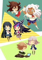  1boy 5girls chibi computer danganronpa:_trigger_happy_havoc danganronpa_(series) danganronpa_2:_goodbye_despair dark-skinned_female dark_skin fighting fujisaki_chihiro guitar holding holding_guitar holding_instrument instrument laptop maizono_sayaka mioda_ibuki multiple_girls muscular muscular_female nanami_chiaki ogami_sakura owari_akane pink_eyes pink_hair scar scar_on_face third-party_source trait_connection trap yasi137 