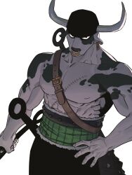 1boy ababubu_zr abs bandana black_bandana cow_boy cowboy_shot earrings face_piercing haramaki highres holding holding_weapon horns jewelry looking_at_viewer male_focus nose_piercing one_piece piercing roronoa_zoro simple_background solo stitched_torso stitches weapon white_background 