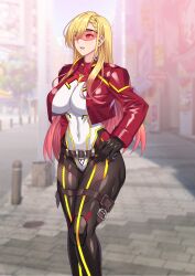  1girl absurdres blonde_hair bodysuit braid breasts commentary_request covered_navel crown_braid gradient_hair highres hraf8mvqvxzvago jacket large_breasts leotard multicolored_hair open_mouth original outdoors red_eyes red_hair solo visor_lift white_leotard 