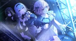  3girls antenna_hair backstage bare_shoulders black_bow black_hair black_hairband black_hoodie black_jacket black_nails black_thighhighs blonde_hair blue_hair bow brown_hair collared_shirt cometik_(idolmaster) cometik_note_(idolmaster) dot_nose dress ear_piercing eyelashes fingernails hair_between_eyes hairband hands_on_own_chest highres hood hoodie idol idolmaster idolmaster_shiny_colors ikaruga_luca ikuta_haruki jacket jewelry long_hair long_sleeves looking_to_the_side medium_hair multicolored_hair multiple_girls nail_polish necktie off_shoulder official_art piercing ribbon shirt short_hair single_thighhigh smile stage_lights streaked_hair suzuki_hana thigh-highs violet_eyes walking white_ribbon yellow_eyes 