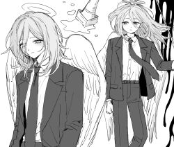  1boy androgynous angel_devil_(chainsaw_man) angel_wings chainsaw_man closed_mouth collared_shirt cowboy_shot feet_out_of_frame greyscale hair_between_eyes halo highres jacket long_hair male_focus monochrome multiple_views necktie shirt solo suit suit_jacket traditional_halo traffic_cone upper_body wayon154 white_shirt white_wings wings 