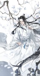  1boy bichen_sword black_hair blurry blurry_foreground branch chinese_clothes coat falling_petals fighting_stance flower hand_up hanfu hashtag-only_commentary headband highres holding holding_sword holding_weapon jian_(weapon) kuji-in lan_wangji liuche79871650 long_hair long_sleeves looking_at_viewer male_focus modao_zushi open_clothes open_coat parted_lips petals robe sample_watermark sash solo standing sword sword_tassel tassel topknot tree very_long_hair watermark watermark_grid weapon white_background white_coat white_flower white_hanfu white_headband wide_sleeves 