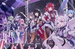  6+girls absurdres ahoge akane_lize animal_ear_fluff animal_ears aokumo_rin arahashi_tabi ayatsuno_yuni back_bow black_hair black_pantyhose blue_bow blue_bowtie blue_eyes blue_hair blue_skirt blush bow bowtie braid cat_ears center_frills cone_hair_bun double_bun fang frilled_skirt frills glowstick green_bow green_bowtie green_eyes green_hair grey_eyes hair_bun hair_ornament hair_ribbon hair_rings hairclip hanako_nana heart heart_hair_ornament heterochromia highres idol idol_clothes long_hair mole mole_under_eye multicolored_hair multiple_girls neneko_mashiro open_mouth orange_bow orange_bowtie pantyhose pink_bow pink_bowtie puffy_short_sleeves puffy_sleeves purple_bow purple_bowtie purple_hair red_bow red_bowtie red_hair ribbon rlawoals2588 screen shirayuki_hina shirt shoes short_hair short_sleeves side_ponytail skin_fang skirt stage stage_lights stellive streaked_hair tenko_shibuki thigh_strap twintails violet_eyes virtual_youtuber white_hair white_shirt white_shoes white_wrist_cuffs wings wrist_cuffs x_hair_ornament yellow_eyes yuzuha_riko 