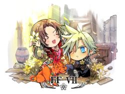  1boy 1girl aerith_gainsborough baggy_pants bangle barrel beads black_pants blonde_hair blue_eyes blue_shirt blush boots bracelet braid braided_ponytail brown_gloves brown_hair buttons chibi chibi_only church closed_mouth cloud_strife commentary_request copyright_name couple cropped_jacket dress earrings falling_petals feather_hair_ornament feathers final_fantasy final_fantasy_vii final_fantasy_vii_remake flower flower_bed gloves hair_beads hair_between_eyes hair_flower hair_ornament hair_ribbon hetero indian_style indoors jacket jewelry lily_(flower) long_hair one_eye_closed open_mouth orange_fur outstretched_arms pants parted_bangs petals pew pink_dress pink_ribbon red_hair red_jacket red_xiii ribbon ruins sayaendou0426 scar scar_across_eye scar_on_face shirt short_hair sidelocks single_braid single_earring sitting smile spiky_hair suspenders twitter_username yellow_flower yellow_petals 