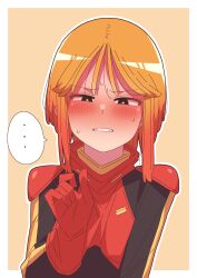  ... 1girl absurdres black_bodysuit black_eyes blush bodysuit bright_pupils clenched_teeth commentary_request gloves gundam gundam_zz half-closed_eyes hand_up highres long_sidelocks mecha_pilot_suit multicolored_bodysuit neo_zeon normal_suit_(gundam) onimaru_(onimal7802) orange_hair parted_lips puru_two red_bodysuit red_gloves short_hair shoulder_pads sidelocks speech_bubble spoken_ellipsis sweatdrop teeth two-tone_bodysuit upper_body v-shaped_eyebrows white_pupils 