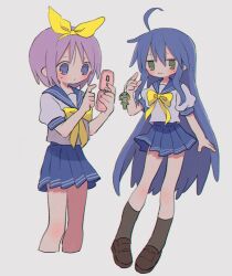  2girls ahoge black_socks blonde_hair blue_eyes blue_skirt blush bow brown_shoes cellphone character_charm charm_(object) closed_mouth double-parted_bangs flip_phone green_eyes grey_background hair_between_eyes highres hiiragi_tsukasa holding holding_phone izumi_konata keroro keroro_gunsou long_hair long_sidelocks lucky_star mole mole_under_eye multiple_girls phone pleated_skirt ri_(qrcode) ryouou_school_uniform school_uniform shoes short_hair sidelocks simple_background skirt socks sweatdrop very_long_hair violet_eyes yellow_bow 