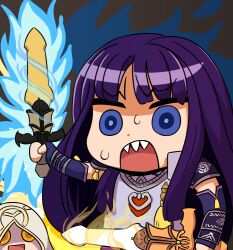  1girl 1other altina_(fire_emblem) blue_eyes commentary dual_wielding english_commentary fire_emblem fire_emblem:_radiant_dawn fire_emblem_heroes holding holding_sword holding_weapon kiran_(fire_emblem) long_hair open_mouth parody purple_hair riyo_(lyomsnpmp)_(style) sharp_teeth sword teeth upper_teeth_only weapon will_(willanator93) 