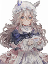  1girl animal_ears apron blue_bow blue_eyes blush bow closed_mouth commentary_request cup dress ear_covers ears_through_headwear grey_hair hair_between_eyes hat highres holding holding_cup horse_ears horse_girl long_hair long_sleeves looking_at_viewer mob_cap multicolored_hair pink_dress single_ear_cover smile solo streaked_hair tea teacup umamusume white_apron wonder_acute_(umamusume) yoshiaki_(yosiaki_ml) 