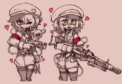  2girls alternate_costume alternate_headwear armband closed_mouth coat commentary eyeball gloves green_eyes gun handgun hat heart highres holding holding_gun holding_weapon komeiji_koishi komeiji_satori korean_commentary long_sleeves looking_at_viewer medium_hair military_hat monochrome multiple_girls necktie one_eye_closed open_mouth pink_eyes pink_theme rampa93 red_armband smile spot_color teeth thigh-highs third_eye touhou trigger_discipline upper_teeth_only weapon 