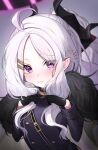  1girl ahoge black_coat black_gloves black_horns blue_archive blush buttons closed_mouth coat demon_horns double-breasted fur-trimmed_coat fur_trim gloves halo hina_(blue_archive) horns long_hair looking_at_viewer military_uniform oomabiblogo2 solo uniform upper_body violet_eyes white_hair 