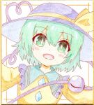  1girl :d black_headwear blue_headwear blush bow bright_pupils collared_shirt colored_pencil_(medium) commentary eyeball frilled_shirt_collar frills green_eyes green_hair hair_between_eyes hat hat_bow hat_ribbon heart heart_of_string high_meron komeiji_koishi looking_at_viewer open_mouth portrait ribbon shikishi shirt short_hair smile solo string third_eye touhou traditional_media white_background white_pupils yellow_bow yellow_ribbon yellow_shirt 