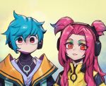  1boy 1girl alune_(league_of_legends) aphelios blue_shirt covered_collarbone green_ahir green_hair headphones heartsteel_alune heartsteel_aphelios jacket league_of_legends long_hair no_mouth phantom_ix_row red_eyes shirt short_hair smile teeth upper_body yellow_jacket 