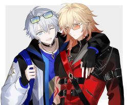  2boys arm_around_neck arm_belt arm_tattoo asymmetrical_sleeves belt belt_buckle black-framed_eyewear black_belt black_choker black_gloves blonde_hair blue_eyes border braid buckle choker diamond-shaped_pupils diamond_(shape) eyewear_on_head fingerless_gloves gloves grey_hair hashtag-only_commentary highres honkai:_star_rail honkai_(series) jacket long_sleeves male_focus medium_hair multiple_boys mydei_(honkai:_star_rail) o-ring o-ring_choker one_eye_covered open_clothes open_jacket orange-tinted_eyewear outside_border phainon_(honkai:_star_rail) rectangular_eyewear red_hair red_tattoo short_hair side_braid symbol-shaped_pupils tattoo tinted_eyewear upper_body white_border yellow_eyes yigenzhen26389 zipper zipper_pull_tab 
