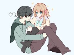  ... 1boy 1girl :3 ? ahoge aqua_bow aqua_bowtie aqua_eyes asymmetrical_legwear bandaid bandaid_on_knee bandaid_on_leg black_hair black_socks blue_background blue_sailor_collar bow bowtie brown_hair brown_pants brown_shoes capelet cardigan closed_mouth collarbone drawstring full_body green_capelet green_eyes green_hoodie hair_between_eyes hair_ornament hair_ribbon heart heart_hair_ornament highres hood hoodie knees_up long_hair long_sleeves looking_at_another neuro-sama no_shoes pants red_ribbon ribbon sailor_collar shoes short_hair simple_background sitting sitting_on_lap sitting_on_person socks sparkle spoken_ellipsis spoken_question_mark sweatdrop two_side_up uneven_legwear v-shaped_eyebrows vedal987 vedal_ai yebiyo1206 