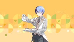  1boy aoyagi_touya ascot asymmetrical_shirt black_bow black_pants blue_hair boutonniere bow brown_ascot brown_vest buttons checkerboard_cookie closed_mouth colorful_palette cookie cowboy_shot cup dot_nose earrings feet_out_of_frame food frilled_sleeves frills funsai_seyo!_unvalentine_no_fukushuu_(project_sekai) game_cg gloves gold_trim grey_bow grey_eyes grey_shirt heart heart_earrings highres holding holding_teapot holding_tray jacket jewelry lace_print lapels long_sleeves looking_at_object male_focus monocle multicolored_hair official_alternate_costume official_art pants project_sekai puffy_long_sleeves puffy_sleeves semi-rimless_eyewear shirt smile solo split-color_hair striped_bow striped_clothes striped_shirt tea teacup teapot third-party_source tray triangle two-tone_bow two-tone_hair under-rim_eyewear vertical-striped_bow vertical-striped_clothes vertical-striped_collar vertical-striped_shirt vest white_gloves white_jacket yellow_background 